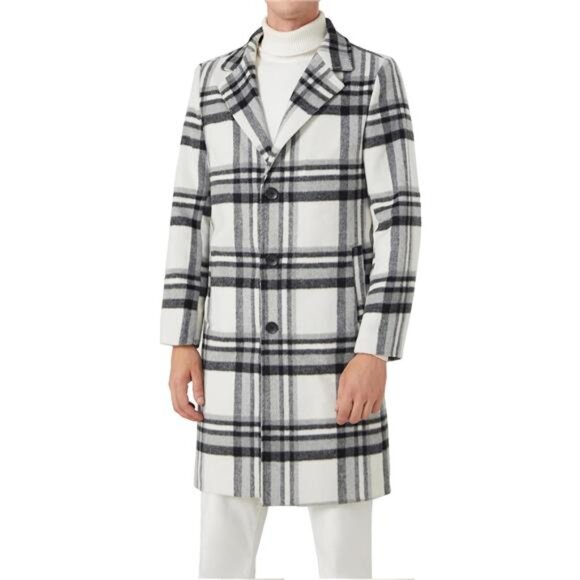 Men's Wool Blend Long Trench Coat Black Grey - Picture 1 of 7